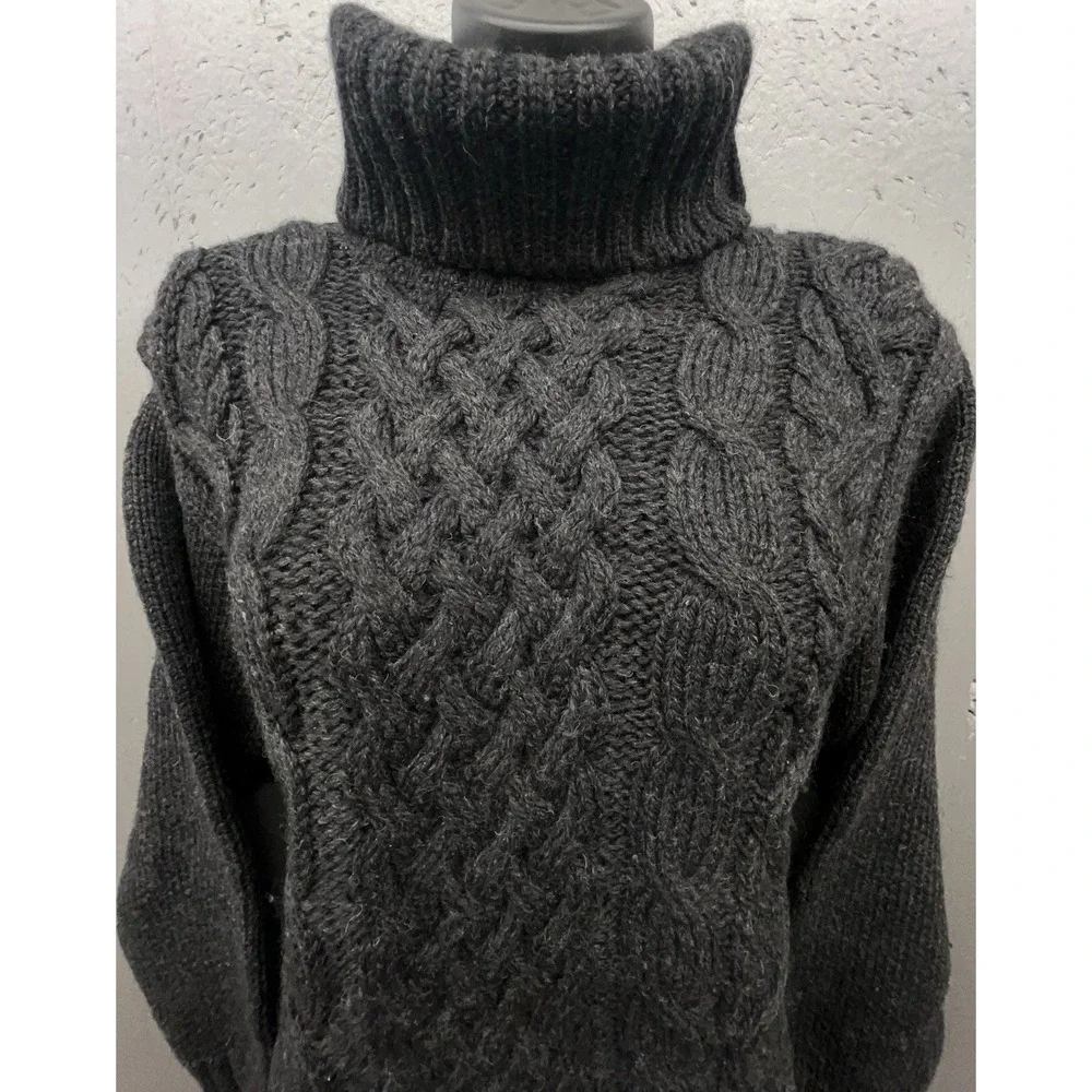 Peregrine Wool Sweater Women M Dark Gray‎ Black Cable Knit Turtleneck Fisherman